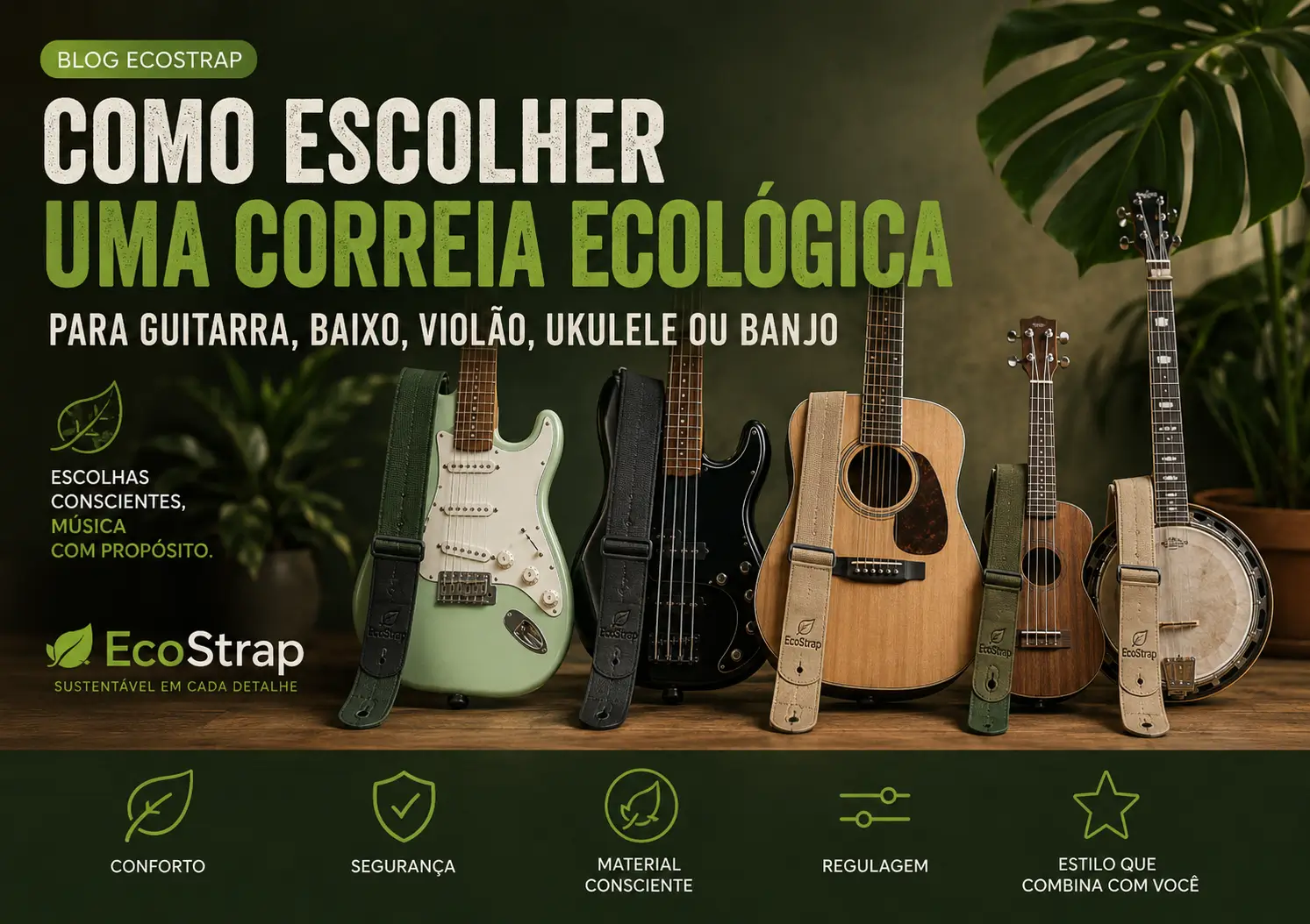 Como escolher uma correia ecológica para guitarra, baixo, violão, ukulele ou banjo