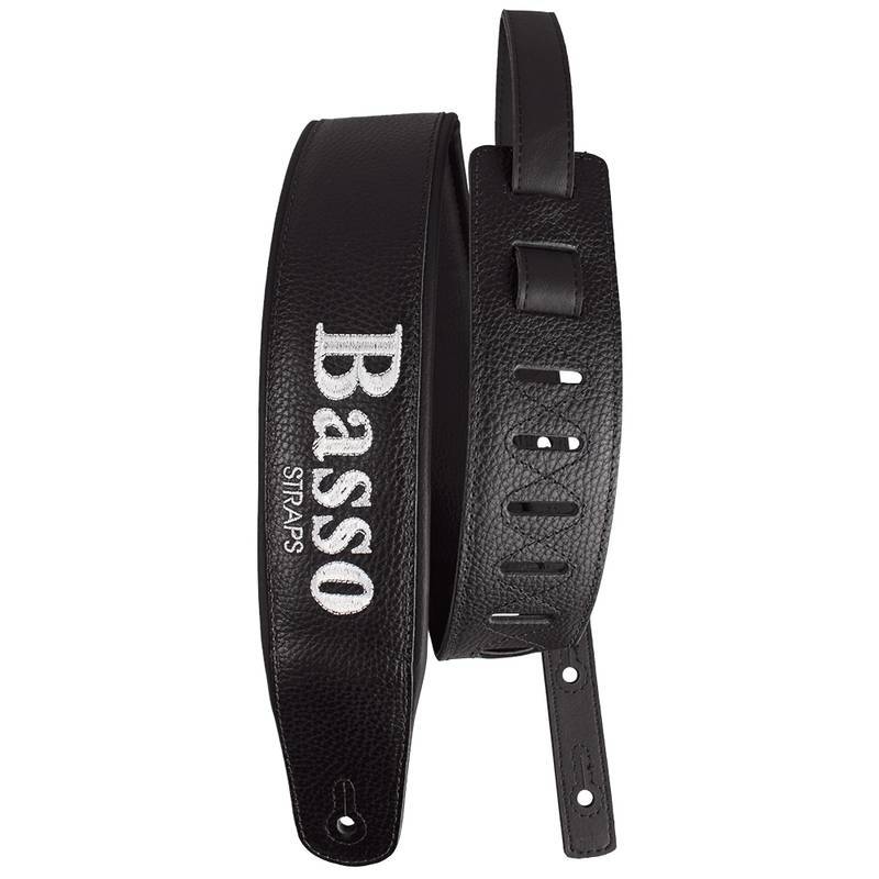 Correia Alça Guitarra Violão Baixo Basso Sintético Preto Bordado Basso Ajustável Ponteira Reforçada