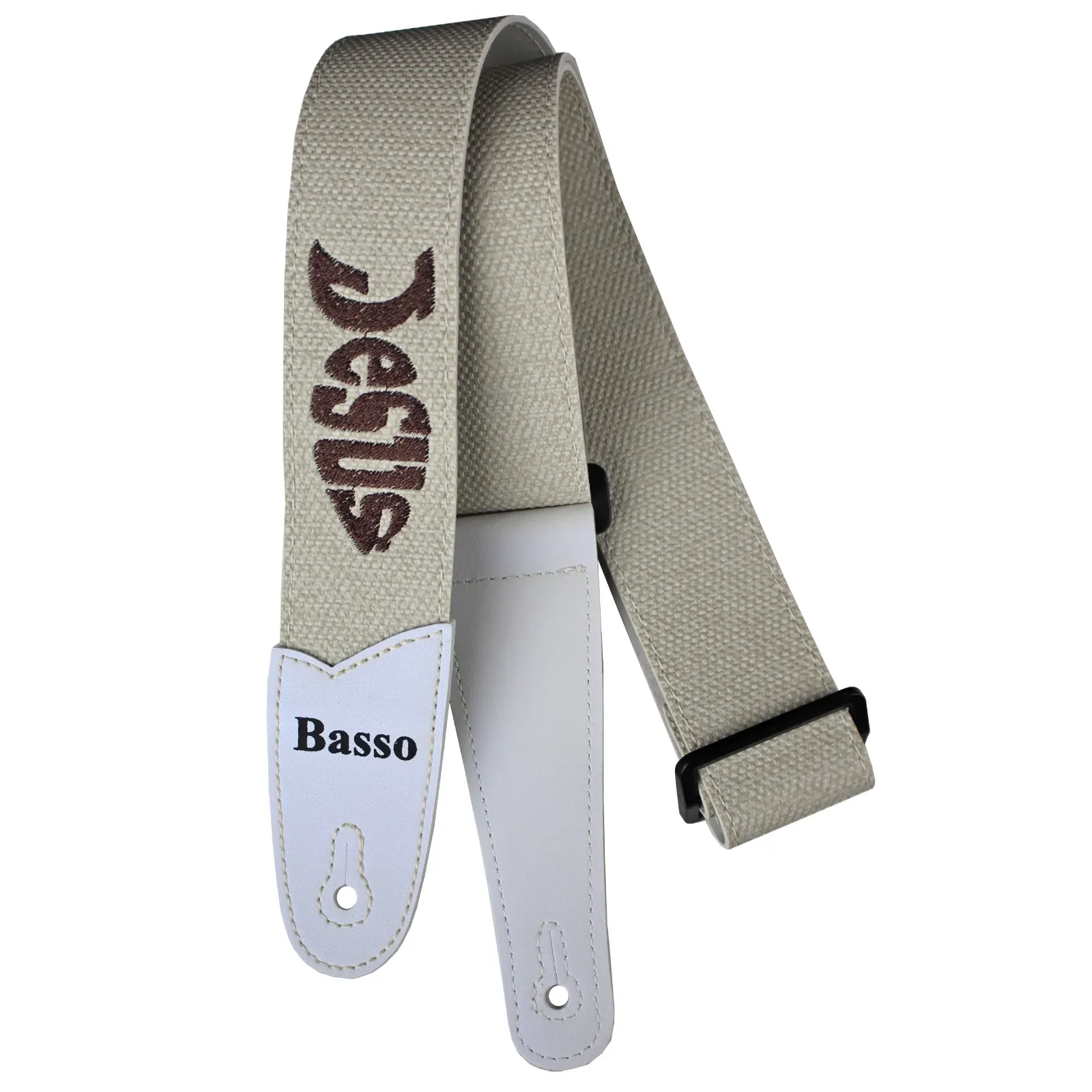 Correia Guitarra Violão Baixo Basso Sintético Off White Peixe Jesus Ajustável Ponteira Reforçada