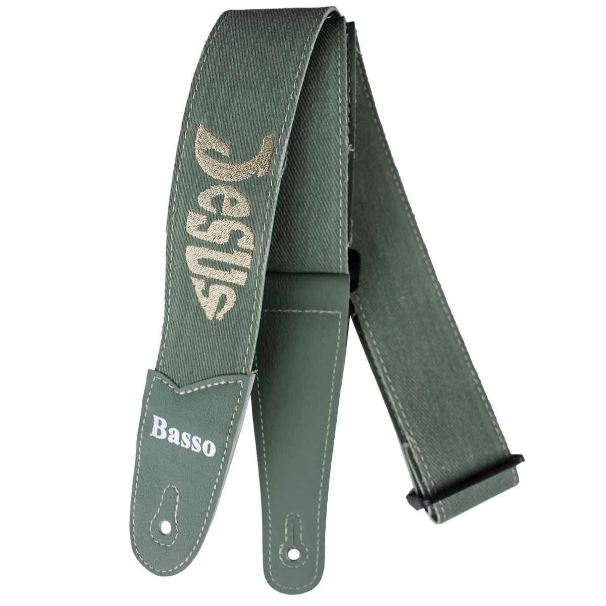 Correia Guitarra Violão Baixo Basso Sintético Jeans Verde Peixe Jesus Ajustável Ponteira Reforçada